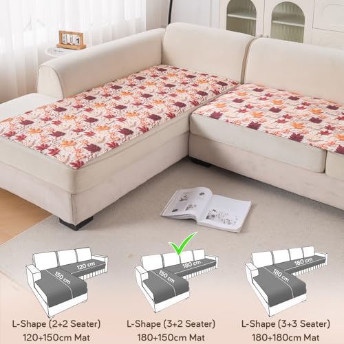 Image of HOKIPO 'Nature Muse' Premium HD Printed Holland Velvet L Shape (3+2 Seater) Sofa Cover Seat Mat, Autumn Maple (IN-916-D1 + IN-918-D1)