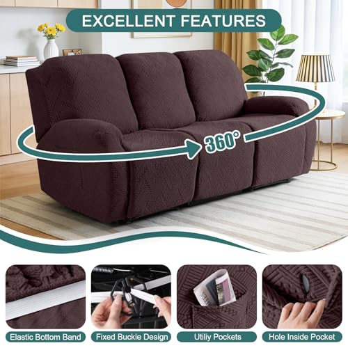 Image of Ruaozz Recliner Sofa Covers Recliner Chair Covers Couch Covers for Reclining Couches with Pockets Washable Furniture Protector with Elastic Bottom (3 Seater, Dark Coffee)