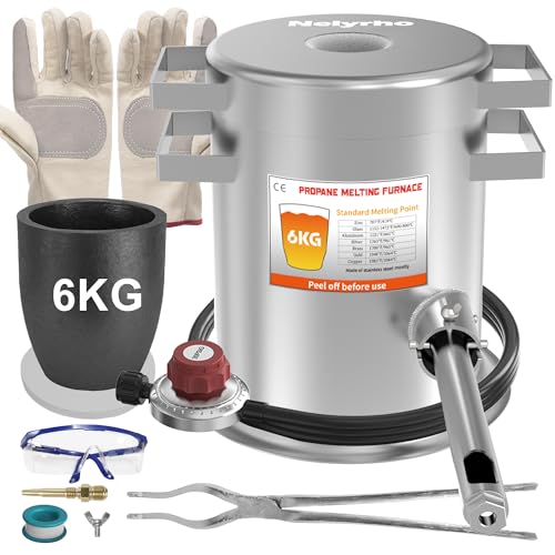 Nelyrho 6KG Smelting Furnace Kit - Full Stainless Steel Foundry with Crucible Tongs, Gloves and Goggles- Ideal for Smelting Gold, Silver, Copper, and Aluminum - Metal Recycling Casting Tool