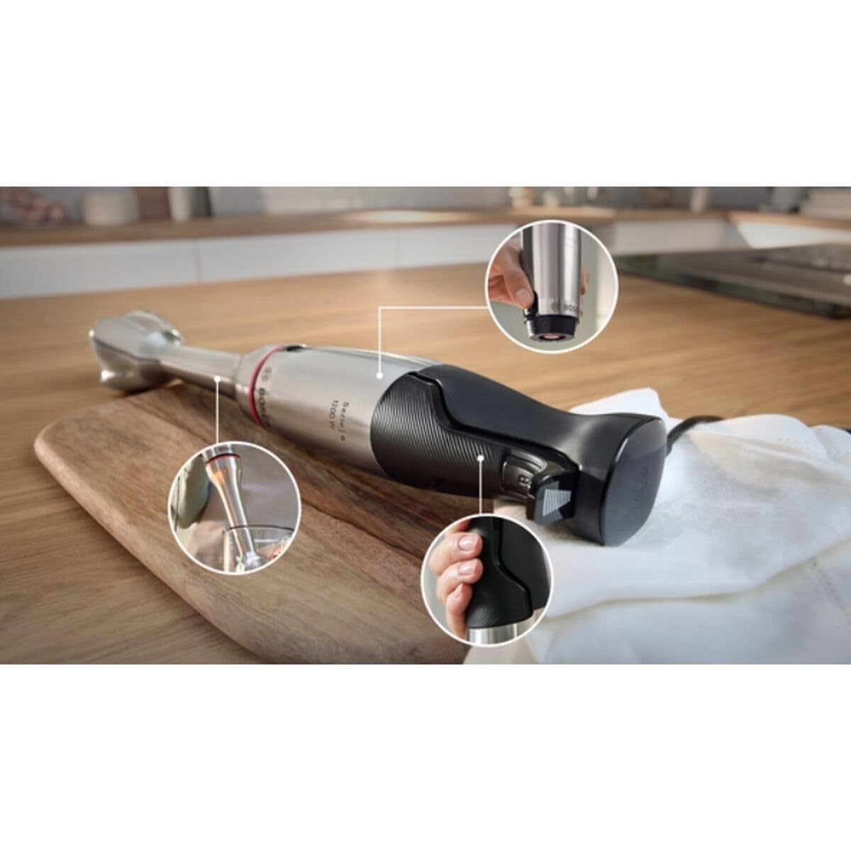 Bosch Stabmixer ErgoMaster Serie 6, einhändig bedienbar, 4 Edelstahl-Klingen, Mixer, Zerkleinerer, verschleißfreie Keramik-Kupplung, langlebig, Luftkühlung, 1000 W, MSM6M652