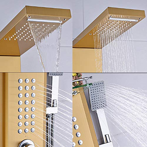 Panel de Ducha Sistema Multifunción en Acero Inoxidable con Acabado Dorado Cepillado, Cabezal de Ducha Cascada, Duchador de Mano, Chorros Corporales y Salida para Bañera miniatura 3