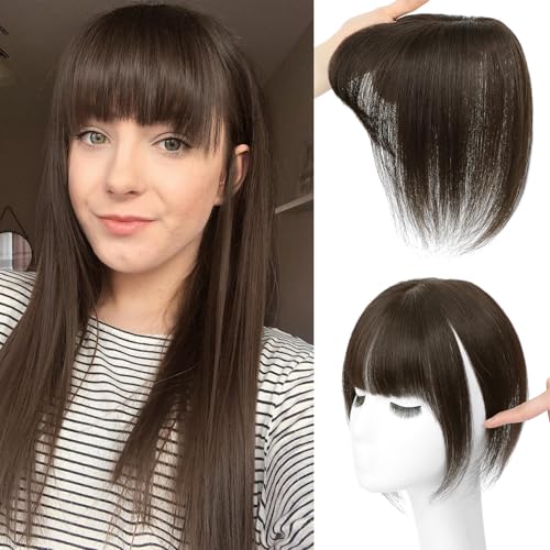 NAYOO Hair Toppers for Women Real Human Hair, 360° Cover Clips in Full Fringe Fake Bangs Hair Pieces for Women Girls Daily Wear (2Darkst Brown)
