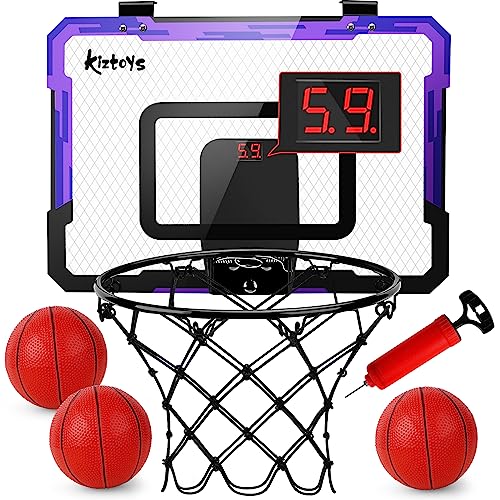 Kiztoys Panier de Basket Enfant, Mural Panier Basket Interieur avec Tableau d'affichage électronique 3 Ballons et Pompe à Air, Portable Jeux de Basketball Jouets...