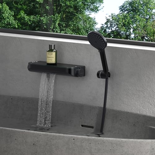 Mai & Mai Thermostat Badewannenarmatur mit Handbrause Wannenarmatur Wannenthermostat 4 Strahlarten Wandarmatur für Badewanne aus Messing inkl. Brauseschlauch Matt Schwarz Duschsystem8