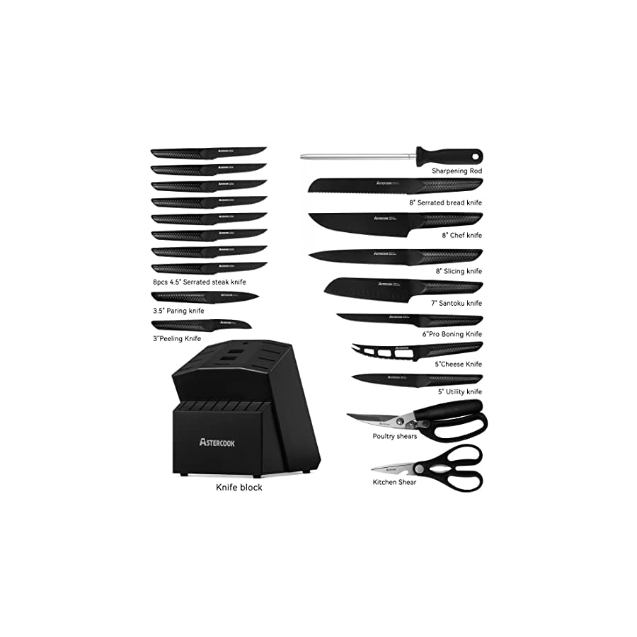 Astercook Knife Set, 21 Pieces Chef Knives Set with Block for Kitchen, German Stainless Steel Handle One-Piece Design Knife Block Sets, Dishwasher Safe, Black