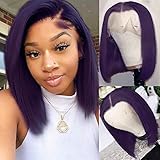 cute fairy Purple Bob 13x4 Lace Front Wig Human Hair Bleached Knots Pre Plucked Dark Purple Colored Bob HD Lace Frontal Wig Glueless Short Straight Bob for Women 12 Inch 150% Density