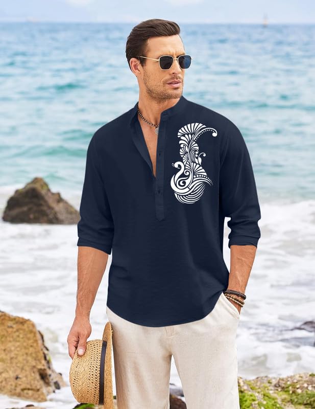 Image of FINIVO FASHION Men's Printed Cotton Blend Short Kurta with Artistic Chest Design | Stylish Full Sleeve Casual Kurta with Mandarin Collar for Daily, Travel Soft Textured
