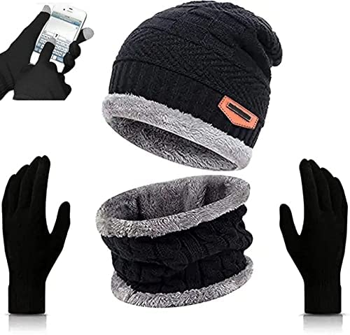 VTFlairWinter Woolen Beanie Cap Scarf and Touch Screen Gloves Set for Men and Women Stretch Warm Winter Cap/Winter Cap for Men Stylish Black Color(Beanie Cap with Touch Screen Gloves)