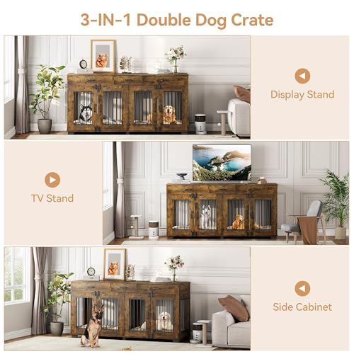 Dog Crate Furniture for 2 Dogs, 71'' XXL Indoor Dog Kennel with 3 Drawers and Removable Room Divider, Wooden Double Dog Crate TV Stand End Table with Double Doors for Large Medium Dogs, Rustic Brown