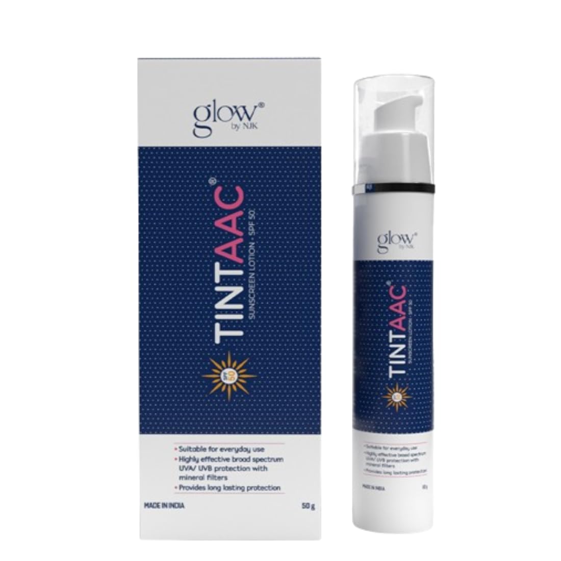 Glowbynjk Tintaac Sunscreen Lotion SPF 50 | Broad Spectrum Protection with Mineral Filters | Long-Lasting Défense Against UVA & UVB Rays | Lightweight, Non-Greasy Formula | Suitable for daily Use 50gm