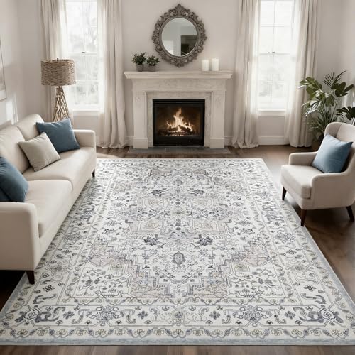 WEZVIX Washable 8X10 Area Rugs for Living Room,Soft Low Pile Vintage Rugs with Non Slip Rubber Backing,Boho Large Carpet for Bedroom Dining Room Farmhouse Nursery Home Office