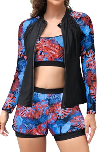 SHEKINI Women's 3-Piece Zipper Rash Guard Swimsuits with Tank Bikini Top & High Waist Boyshort
