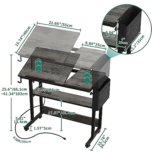 Image of YITAHOME Height Adjustable Table with Charging Station, Portable Desk with Wheels, Small Standing Rolling Computer Desk with Tiltable Tabletop and Storage Bag, Grey
