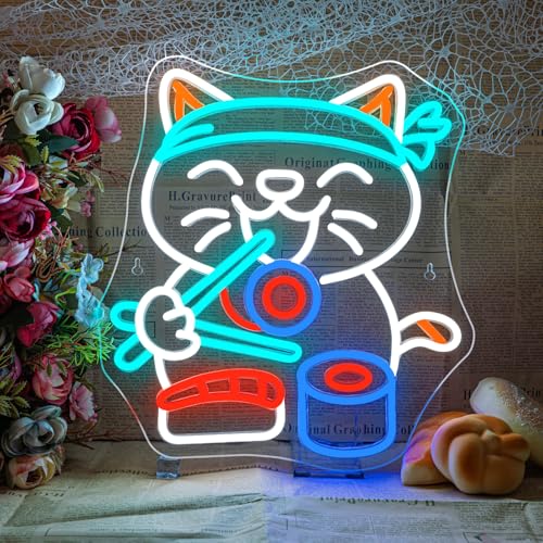Image of Lucky Sushi Cat Neon Sign Japan Wall Light Gift for Restaurants Decoration | 13.8in*12.6in,Adjustable brightness (5 levels),Powered by USB,Applicable to Ramen Restaurants,Kitchen Home Party,Snack,Bar