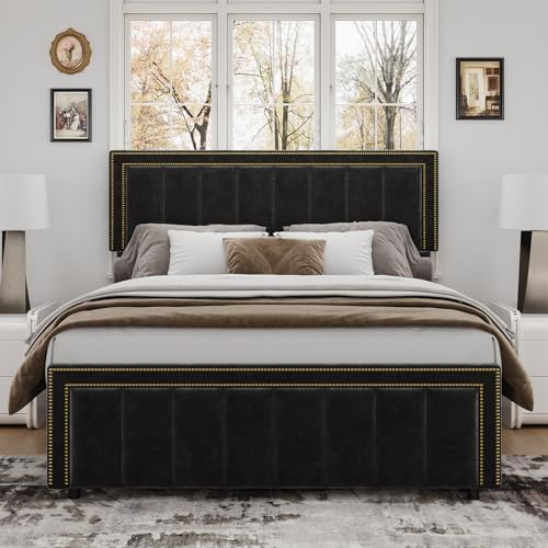 Image of BarnFurin Queen Size Bed Frame, 50 inch Tall Headboard & Footboard, Chenille Fabric Upholstered Bed with Vertical Tufting & Nailhead Trim, No Box Spring Required, Black