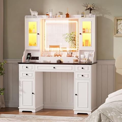 PAKASEPT Vanity Desk with Mirror and Lights, Makeup Vanity with 3 Lighting Modes& Charging Station, 5 Drawers, 4 Cabinets, Farmhouse Bedroom Vanitys for Women, Girls, Teens Cover