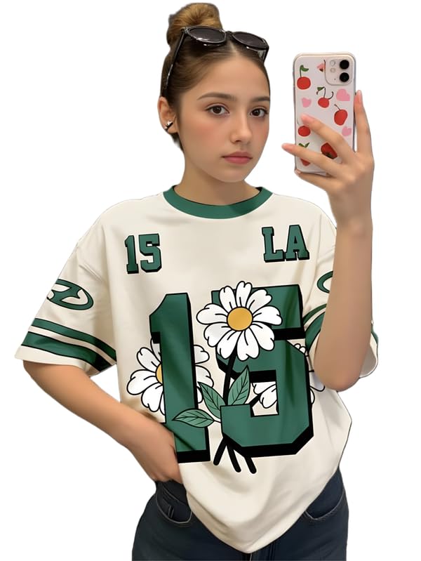 Image of KSHS Cotton Oversized T-Shirt for Women, Printed Loose Fit Womens Tshirt, Soft Cotton Fabric, Round Neck Half Sleeve Casual Top, Aesthetic Drop Shoulder Style Tee