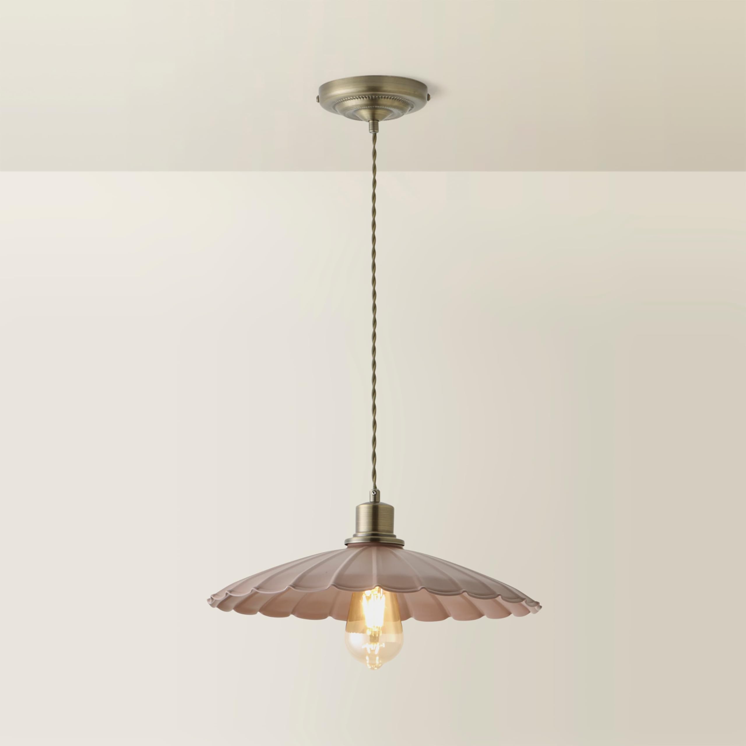 Valuelights Unisex Dark Pink Holborn Brushed Gold W/ Scallop Shade Ceiling Pendant Light & Bulb In