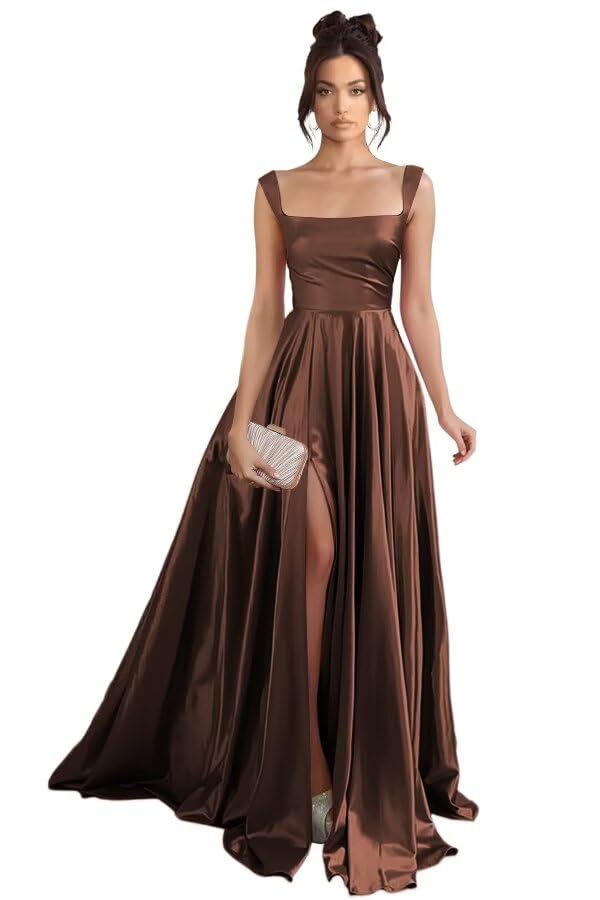 Stylefun Brown Satin Square Neck Split Prom Dresses for Women A Line Pleated Long Ball Gown Evening...