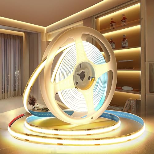 PERVADEO Ruban LED COB 12V, 10M bande LED COB Blanc Chaud 3000K Découpable Flexible 320LED/M, CRI90, pour Chambre, Décoration de la Maison (Sans Alimentation)