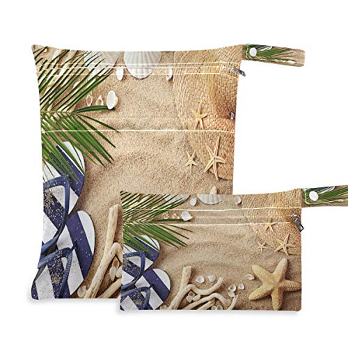 Blueangle 2 Pack Waterproof Wet Bag, Washable, Reusable for Travel, Beach, Diapers, Dirty Gym Clothes, Wet Swimsuits, Toiletries, Beach Accessories On Wooden Board