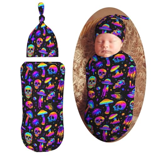 Image of AuHomea Colorful Neon Skulls Mushrooms Newborn Swaddle Blanket with Beanie Set Soft Baby Sleep Sack Stretch Adjustable Swaddle Wraps Receiving Blankets