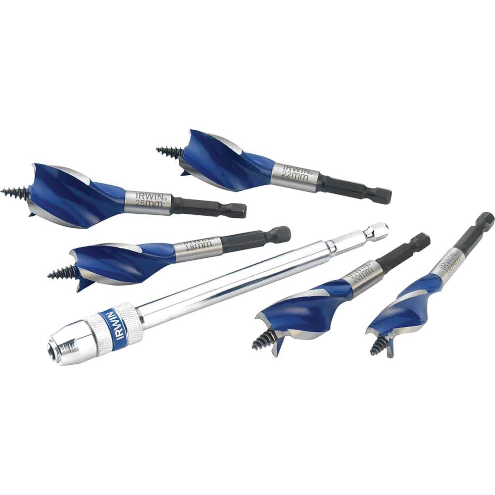 Irwin 1922007 6X Blue Groove Stubby Wood Bit Set with Extension, 16mm-25mm, 5 Pieces