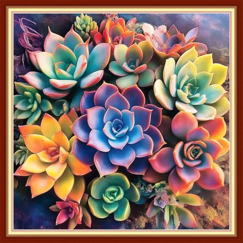 Image of Joyhoor Cross Stitch Kits for Beginners Stamped Cross-Stitch Supplies Needlework preprint Embroidery Kits for Adults DIY Needlepoint Kits Embroidery Patterns 11CT-Colorful succulent plants 18x18 inchs