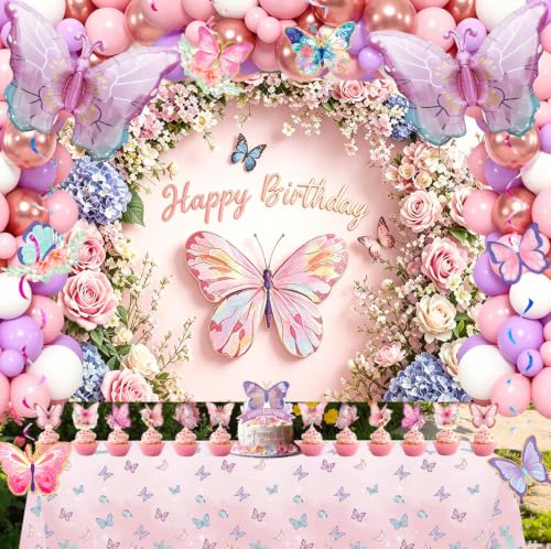 Butterfly Birthday Party Decorations Backdrop Tablecloth Kit for girls