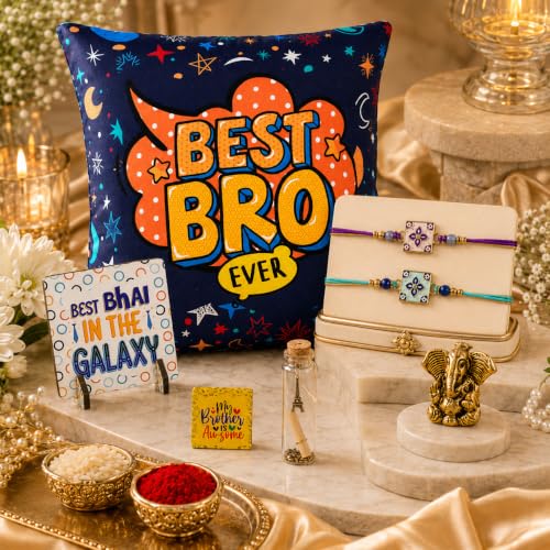 Image of Dreamica Designer Set of 2 Rakhi, Printed 12x12 Inch Cushion,Lord Ganesha Idol,Message Bottle, Standee Showpiece, Fridge Magnet, Greeting Card and Tilak Set | Best Rakhi Gift for Brother