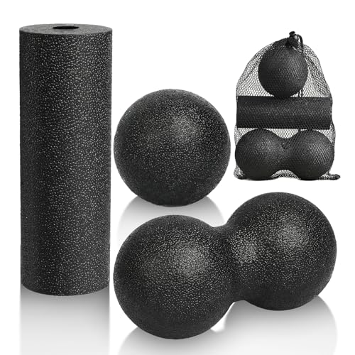 LOPHE Bola de Masaje, 3 Piezas Juego de Bolas Miofasciales, Bola de Masaje de Maní, Rodillo de Masaje, Bola de Doble Fascia, Bola de Masaje Deportivo, Alivia el Dolor Muscular, Negro