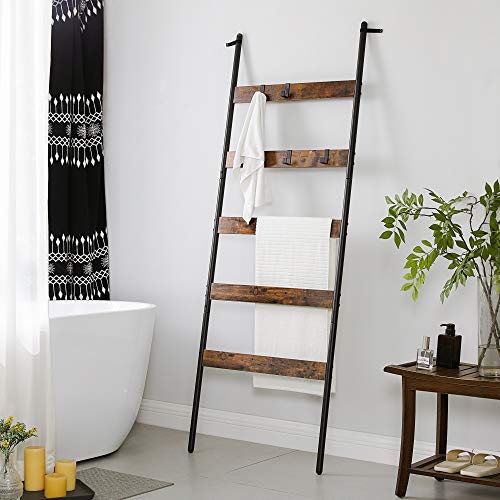 VASAGLE 5-Tier Blanket Ladder Shelf, Wall-Leaning Rack with 4 Hooks, Steel Frame, 23.6 Inch Wide, for Blankets, Scarves, Industrial Style, Rustic Brown and Black ULLS011B01