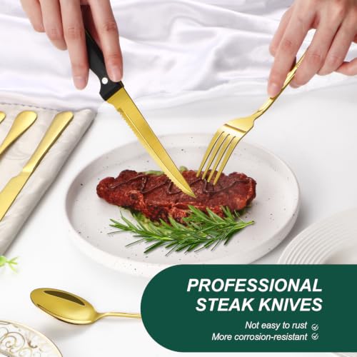Image of 24-Piece Gold Silverware Set with Steak Knives Black Stainless Steel Flatware Set for 4 Food Grade Tableware Cutlery Set Rust-proof, Mirror Polished, Dishwasher Safe