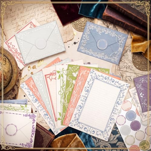 Image of TaoBary 160 Pcs Stationery Paper Set 50 Double Sided Stationery Papers with 50 Matching Envelopes and 60 Round Dot Sticker, 10 design(vintage Lace Frame, 5.5 x 8.25 Inch)
