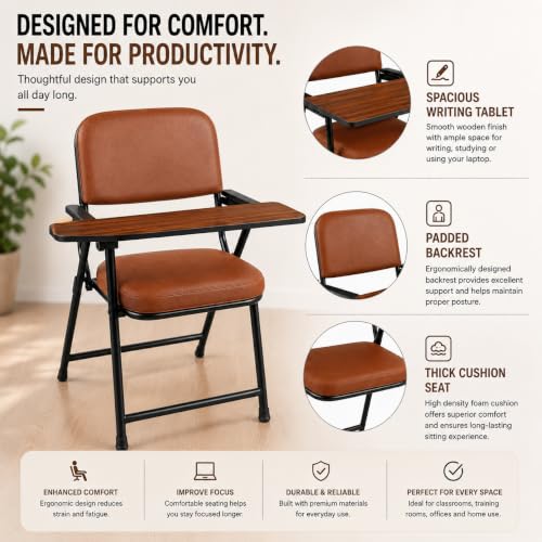 Image of Cushioned Study Chair with Writing Pad for Home, Students & Study Room, Supportive Backrest, Sturdy Metal Frame, Reading, Writing & Homework Chair, Brown