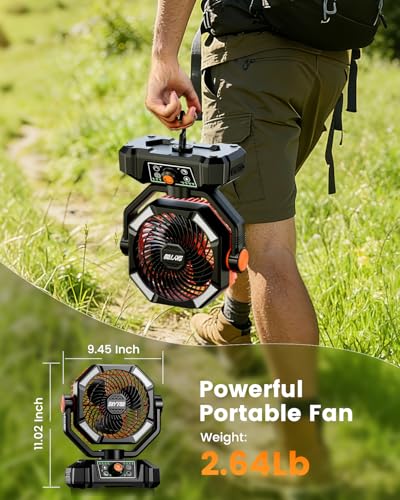 Image of Camping Fan, 20000mAh Battery Powered Fan with LED Lantern, Rechargeable Battery Operated Oscillating with Remote Hook, 8 Speeds Outdoor Fans for Teny, Picnic, Fishing, Travel, Jobsite Black
