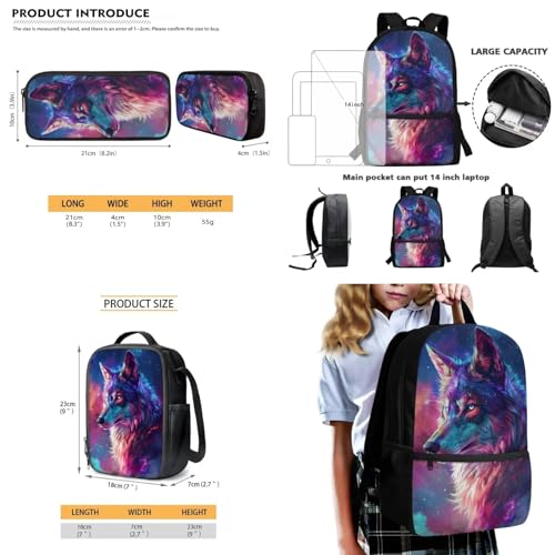 Wolf Galaxy Printed Backpack Set with Insulated Lunch Box for Kids, 17 Inch Backpack and Pencil Case Set for Kindergarten Elementary, Lightweight School Bag for Girls Boys Teens4