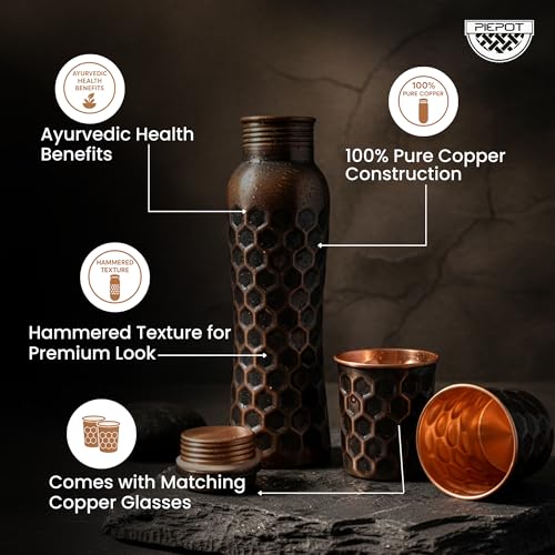 Image of Copper Water Bottle 1 Ltr | Copper Water Bottle with Glass Set | Meena Work | 100% Pure | Leak-Proof | 2 Water Glass 300ml each | Best for Gifting (Antique Design)