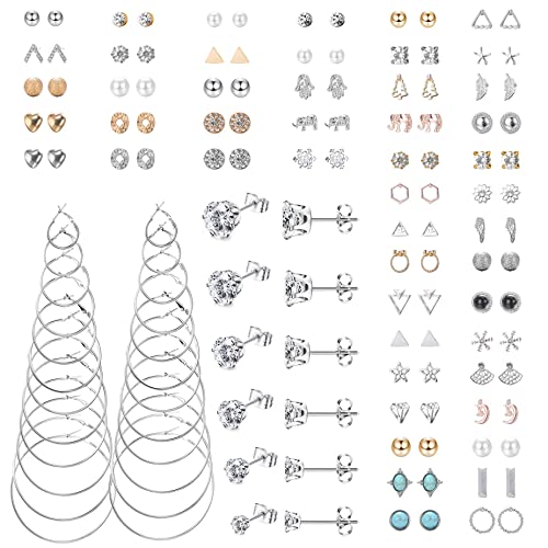 JeweBella 68 Paires Acier Inoxydable Boucles d'Oreilles pour Femmes Filles Perle Zircon Petits Boucle d'Oreille Boucles d'Oreilles Créoles Lot Boucles d'Oreilles Argent Bijoux Ensemble avec Carte Cover