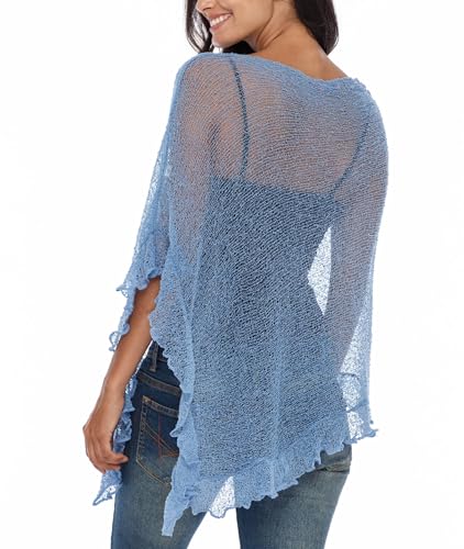 Image of SHU-SHI Women's Sheer Knit Poncho Shrug Lightweight Asymmetrical Ruffle Wrap Dressy Summer Shawl Cover Up Top