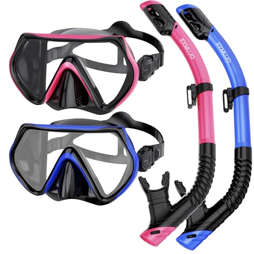 EXMUJO Snorkeling Gear for Adults,Snorkel Set Diving Mask Scuba Gear Swim Goggles with Nose Cover and Dry Top Snorkel Tube Kit Tempered Glass 180°Panoramic View