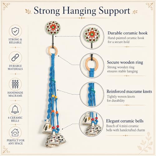Image of KAAMERI BAZAAR Macrame Wind Chimes Enhance Living Space for Diwali (4 Bells, 1 Ring Tied with Sky Blue Macrame Thread)