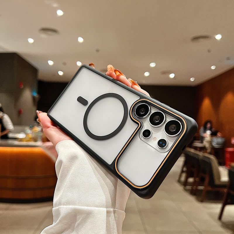 Image of LuxuryKase Frosted Clear MagSafe Case for Samsung Galaxy S25 Ultra | Translucent Matte Back | Soft TPU Bumper + Hard PC Back | Raised Camera Protection | Wireless Charging Compatible - Black