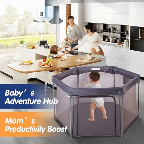 Image of Baby Playpen 53x53 Inch, Indoor /Outdoor Portable Play Yard No Extra pad Required with Breathable Mesh Walls, Enclosed Safe Space for Babies, Quick Foldable Playpen for Home Travel Park (Grey)