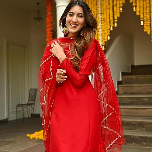 Image of GoSriKi Women's Cotton Blend Straight Solid Kurta with Pant & Dupatta