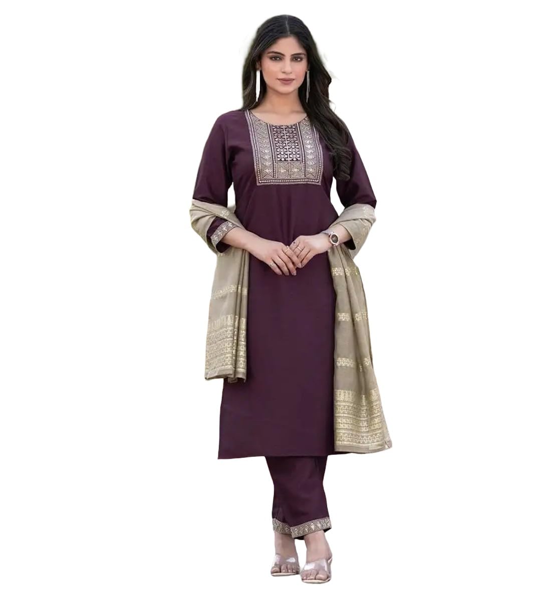 Women Solid Straight Kurta Pant Set with Embroidered Yoke, Purple with Beige Dupatta