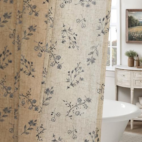 NDDYCU Black Floral Vintage Linen Shower Curtain, French Country Shower Curtains for Bathroom, 72Wx72H