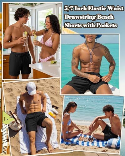 Image of August Alley Men's Linen Shorts with Liner Summer 5 Inch Casual Elastic Waist Drawstring 2 in 1 Beach Shorts with Pockets