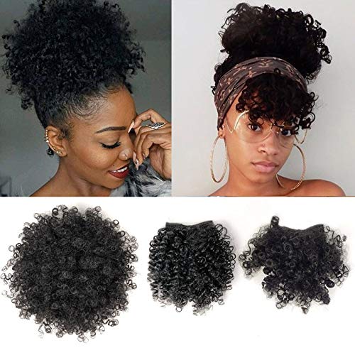 Afro Puff Drawstring Ponytail with Bangs for Black Women Afro High Puff Bun with Replaceable Spring Curl Bangs and Afro Puff Bangs Protective Styles for Natural Hair Synthetic Hair Extensions 1B Black