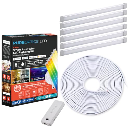 Image of PureOptics LED Professional Push Wire Matter Certified Smart Under Cabinet Lighting Kit, Adjustable White and RGB LEDs, Works with Alexa, Apple Home, Google Home, (6) 12 inch Bars
